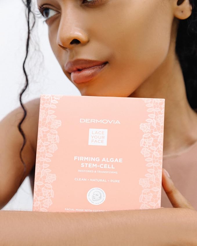 DERMOVIA LACE YOUR FACE Patented Compression Facial Mask, Reusable Biodegradable Cotton Anti Aging Skin Care, Firming Algae Stem Cell, 4 pack