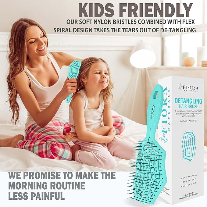 Fiora Naturals Hair Detangling Brush for Women - Detangler Hair Brush w/Flexible Soft Bristles- Gently Glides Through Tangles - Curly, Fine, Dry and Shower Wet HairBrush, cepillo para cabello - Cyan