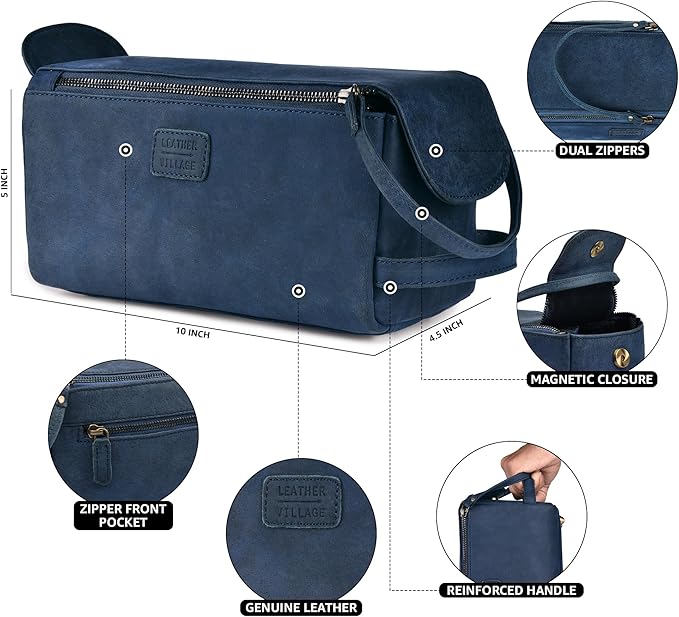 LEATHER VILLAGE Genuine Leather Travel Toiletry Bag - Water-Resistant Dopp Kit for Toiletries, Large Shaving Bag & Bathroom Organizer - Gift for Men & Women - Royal Blue
