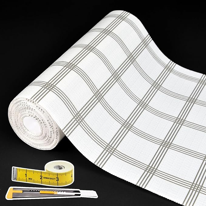 Shelf Liners for Kitchen Cabinets 12in x 20FT, Non Adhesive Drawer Liner White Square Thickened Shelf Liner Non-Slip Easy to Clean for Tool Box Refrigerator with Knife and Tape Measure