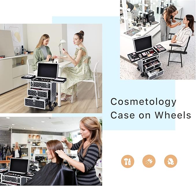 FRENESSA Professional Rolling Makeup Case Aluminum Trolley Train Case with 360° Swivel Wheels for Makuep Artist Travel Cosmetic Organizer with Sliding Drawers for Nail Tech Hairstylist Barber, Black