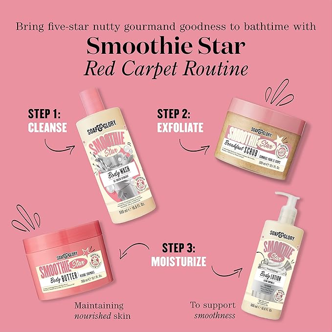 Soap & Glory Smoothie Star Exfoliating Body Scrub - Buff & Smooth Skin - Almond & Caramel Scented Vegan Body Polish - Brightening Scrub with Honey Extract + Sweet Almond Oil (300ml)