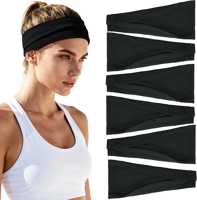 Headbands for Women Non-Slip Workout Hair Bands, 6 Pack Stretchy Athletic Soft Sweatbands, Elastic Cloth Fabric Headband, Fashion Head Bands for Yoga Running Sports Gym Sports Exercise