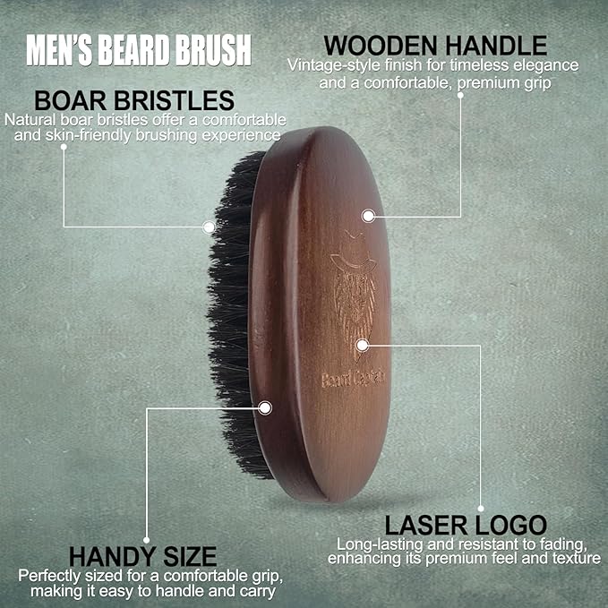 100% Boar Bristle Beard Brush for Man – Retro Wooden Handle, Promotes Beards Growth & Softens, Travel Size