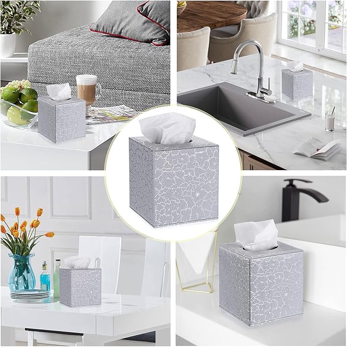Sumnacon Square Leather Tissue Box Cover - Stylish Cube Tissue Box Holder with Magnetic Bottom, Decorative PU Tissue Box for Vanity Dresser Night Stand Table Countertop Home Office Car, Silver