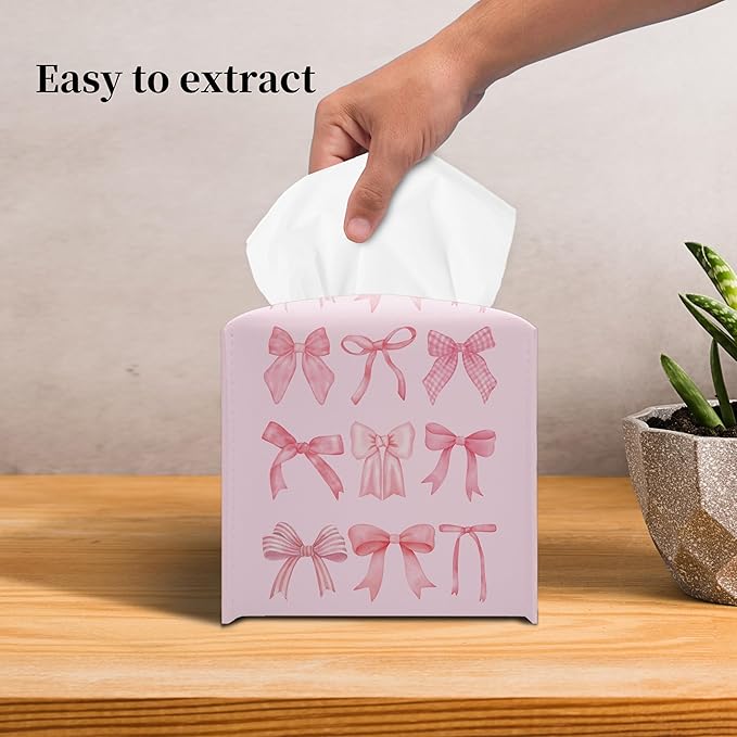 Grace Yonks Cute Tissue Box Cover Square - Allover Pink Bow Design 5.2" PU Leather Holder for Vanity, Desk, or Bathroom Counter - Cube Case for Facial Tissues(009)