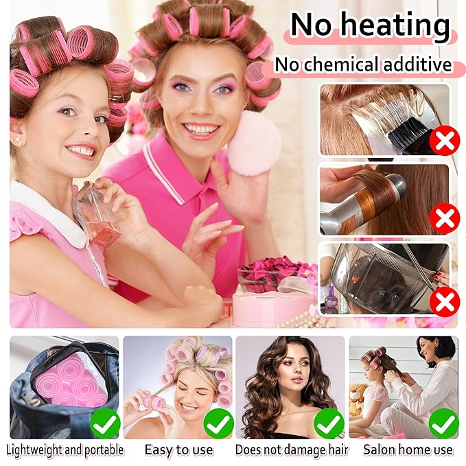 4 Sizes Self-Grip Hair Rollers Set with Clips - 4 Sizes for Long, Short Hair & Bangs (25mm, 36mm, 48mm, 60mm), (Pink, 4 Sizes)
