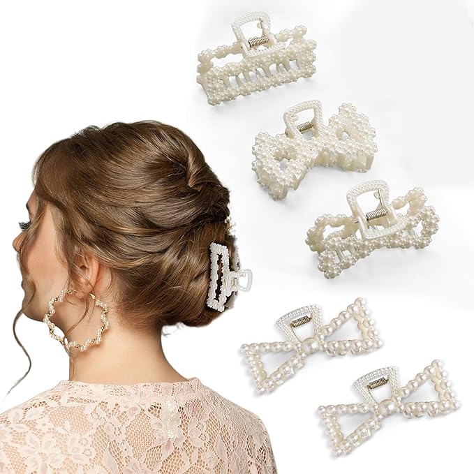 5 PCS Simulated Pearl Hair Claw Clips for Women | Multi-Use Barrettes for Thin Hair with Non-Slip Strong Hold | Barrettes for Thick & Curly Hair Accessories | Flat Claw Clips for Women, Off-White