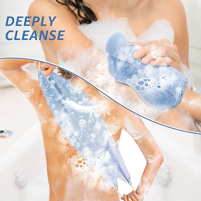 Extended Exfoliating Back Scrubber with Handles, Nylon Cleaning Exfoliator Washcloth for Body, Stretchable Pull Strap Soft Quick-Drying Rough Scrub Towel, Blue