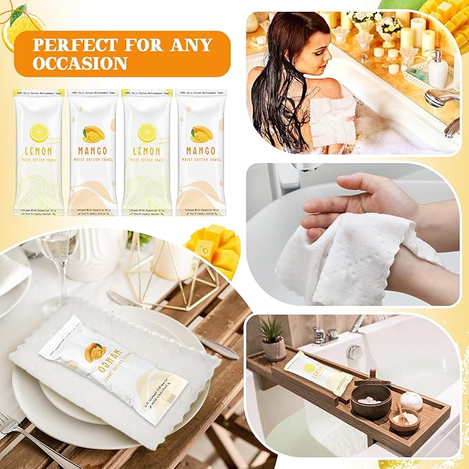50 Pcs Moist Towelettes Individually Wrapped Scented Disposable Face Towels Essential Oil Infused Moist Terry Cotton Towel for Use Hot or Cold Travel Body Spa (Lemon Mango)