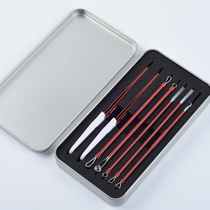 Shevelestar 7PCS Blackhead Remover Comedone Extractor, Curved Blackhead Tweezers Kit, Professional Stainless Pimple Acne Blemish Removal Tools Kit