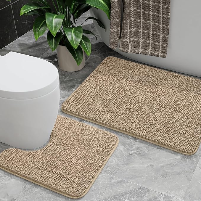 AROGAN Bathroom Rug Sets 2 Piece, 20"x20" U-Shaped Toilet Mat and 21"×34" Bath Mats Floor Set, Washable Bath Rug, Absorbent Soft Non Slip Bathroom Rug Set, Beige