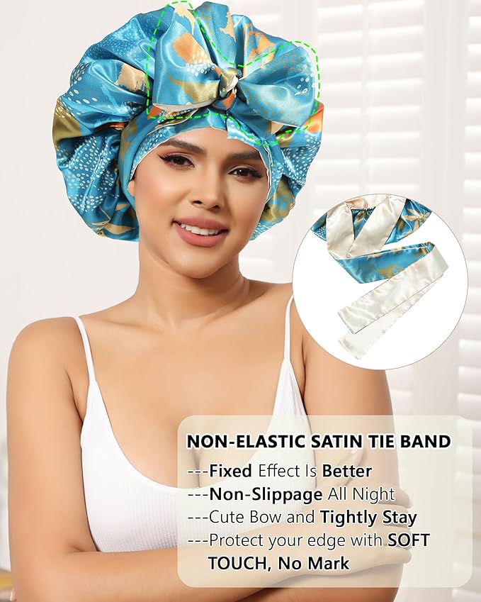Satin Bonnet Silk Hair Wrap for Sleeping - Reversible Cap with Tie Band Night Cap Double Layer for Curly Hair (Lake Blue Leaves + Champagne)