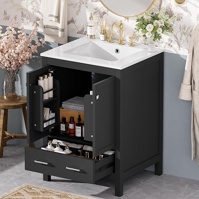 Bellemave 24" Bathroom Vanity with Sink Combo Set, Solid Wood Frame Bathroom Storage Cabinet with a Drawer, 2 Soft Closing Cabinet Doors with Organizer, Black