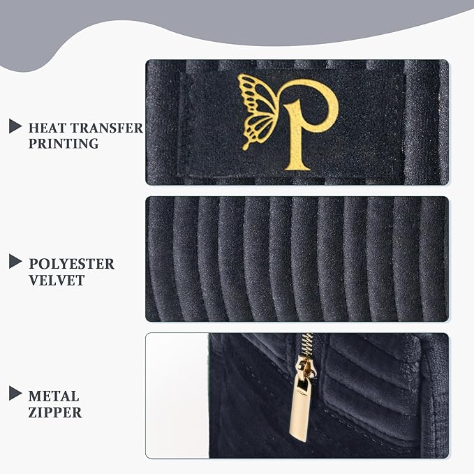 COSHAYSOO Travel Makeup Bag Quilted Make Up Pouch Initial Cosmetic Case with Butterfly Decorations for Women Lipstick Glossier Lipgloss Lip Stain Moisturizer Mascara Eyeliner Organizer Black Letter P