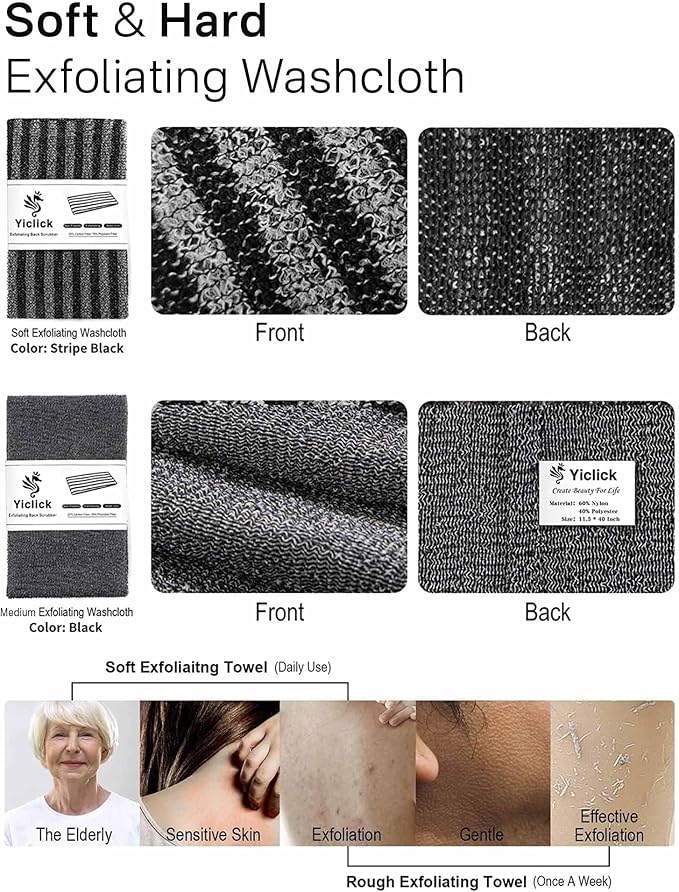 Yiclick 2PCS Exfoliating Washcloth Towel - Exfoliating Body Scrubber Exfoliator, Loofah Sponge Wash Cloth, Korean & Japanse & African Net Sponge Rag - Back Scrubber Washer for Use in Shower Bath