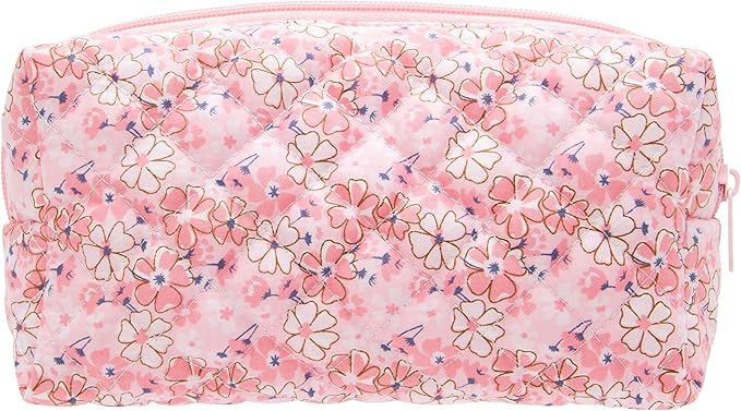 PAZIMIIK Vintage Quilted Makeup Bag Cosmetic Pouch for Brushes Pencils and Travel Make Up Accessories for Women and Girls Floral Pink
