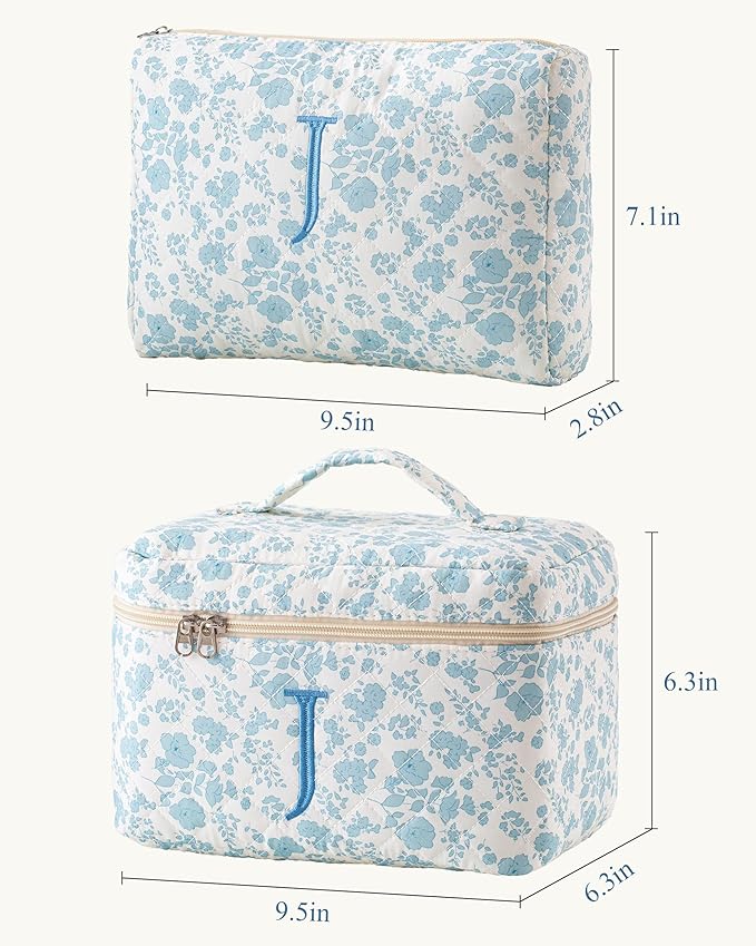 HBselect 2Pcs Initial Quilted Cotton Large Travel Cute Floral Coquette Makeup Cosmetic Toiletry Bag for Women Girls