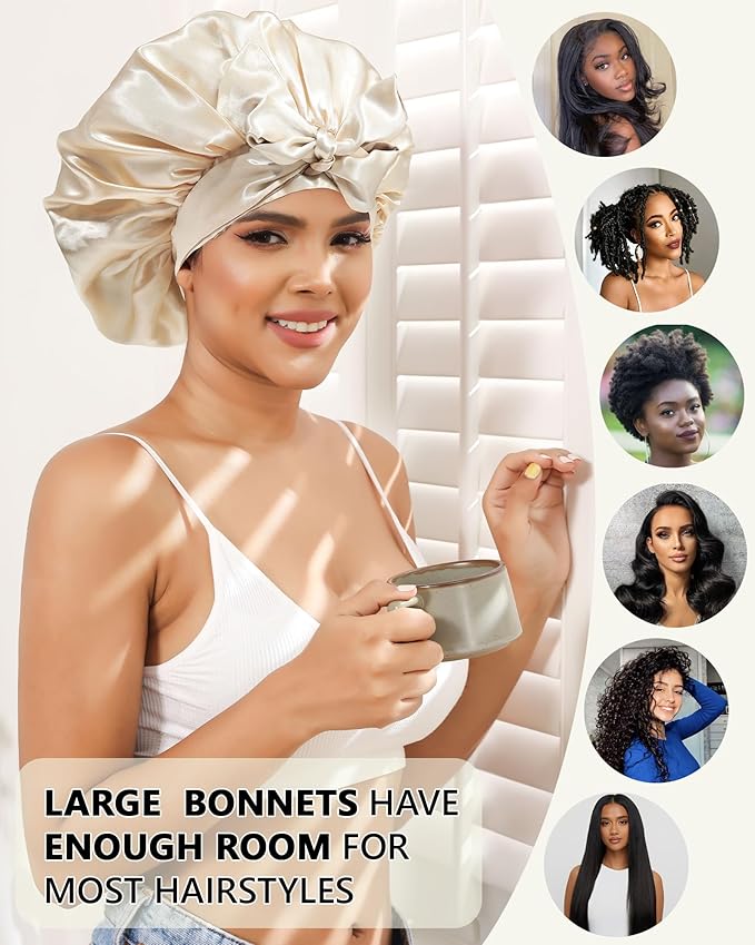 Satin Bonnet Silk Hair Wrap for Sleeping - Reversible Cap with Tie Band Night Cap Double Layer for Curly Hair (Coffee + Champagne)