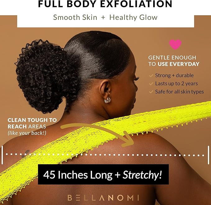 BELLANOMI African Exfoliating Net Sponge, Authentic, Ethically sourced from Nigeria, 45 inches Long, Back Scrubber for Daily use (Lemon)