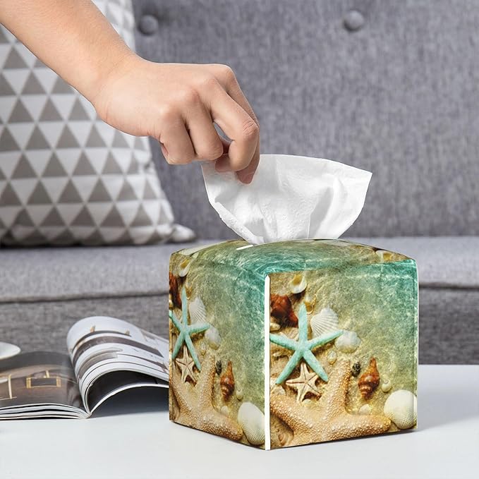 Starfish Seashell on Summer Beach Tissue Box Cover Square, Starfish Seashell Tissue Box Holder Waterproof Leather Facial Paper Organizer Dispenser for Bathroom Home Car Nightstand Vanity Desk