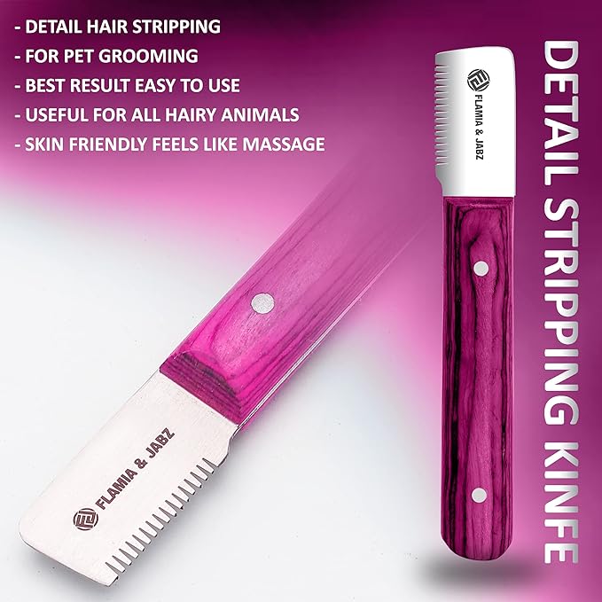 FLAMIA & JABZ FJ Professional Stripping Knife kit (6 pieces set) for Dogs & Pets, Wooden Handle Grip with Stainless Steel Blade (Right handed) (Pink)