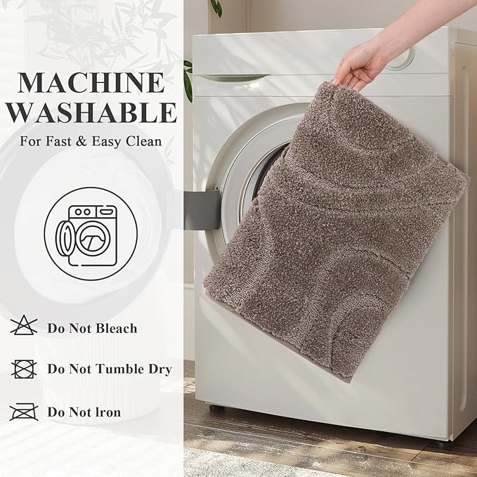HEBE Bathroom Rug Sets 3 Piece, Non Slip Shower Mats with U-Shaped Contour Toilet Mat, Absorbent Microfiber Bath Mats for Bath Rugs, Washable Shaggy Floor Carpet, Coffee