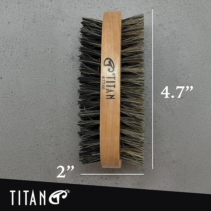 TITAN Double Sided Military Hair Brush – Soft & Hard Boar Bristle Wave Brush for Men – Dual-Sided Palm Brush with Wooden Handle for 360 Waves, Beard, and Hair Grooming