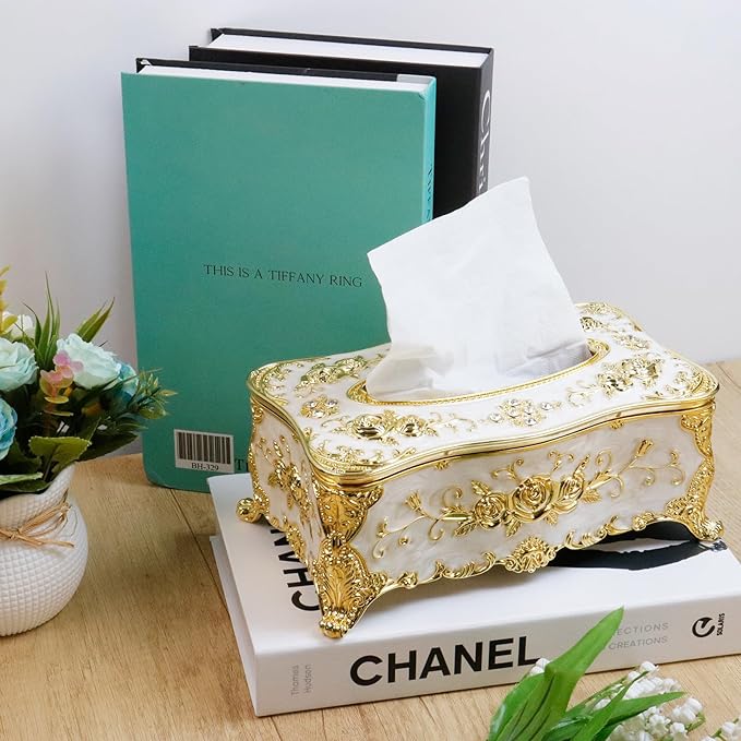9.45"x5.43"x3.94" Luxurious Rose Tissue Box with Imitation Diamonds, Embossed Flowers, Elegant Tissue Paper Holders for Home Toilet Bath Hotel,Gold-White