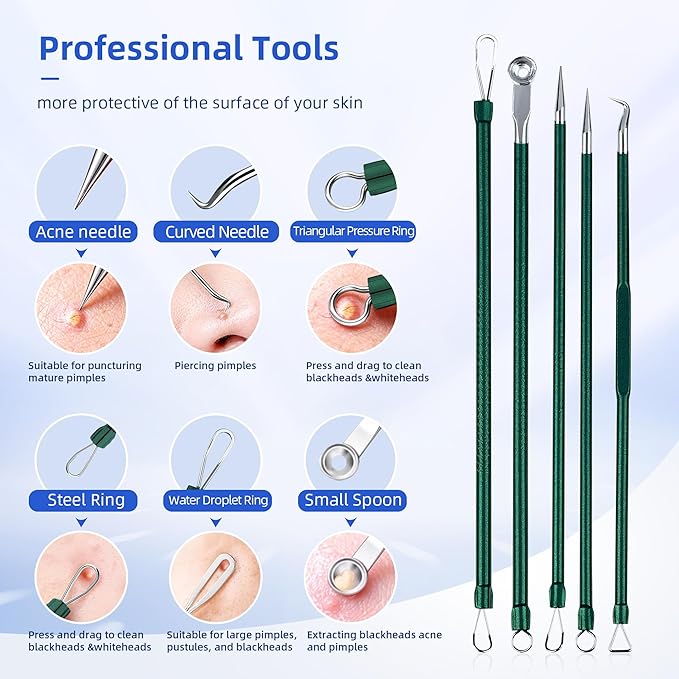 Pimple Popper Tool Kit - 7 Pcs Blackhead Remover Comedone Extractor Kit with Box for Quick and Easy Removal of Pimples, Blackheads, Zit Removing, Forehead,Facial and Nose (Green)