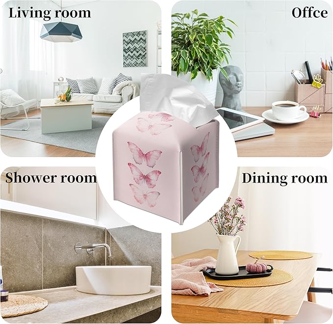 Grace Yonks Cute Pink Butterfly Tissue Box Cover Square, Cube Case for Facial Tissues, 5.2" PU Leather(075)