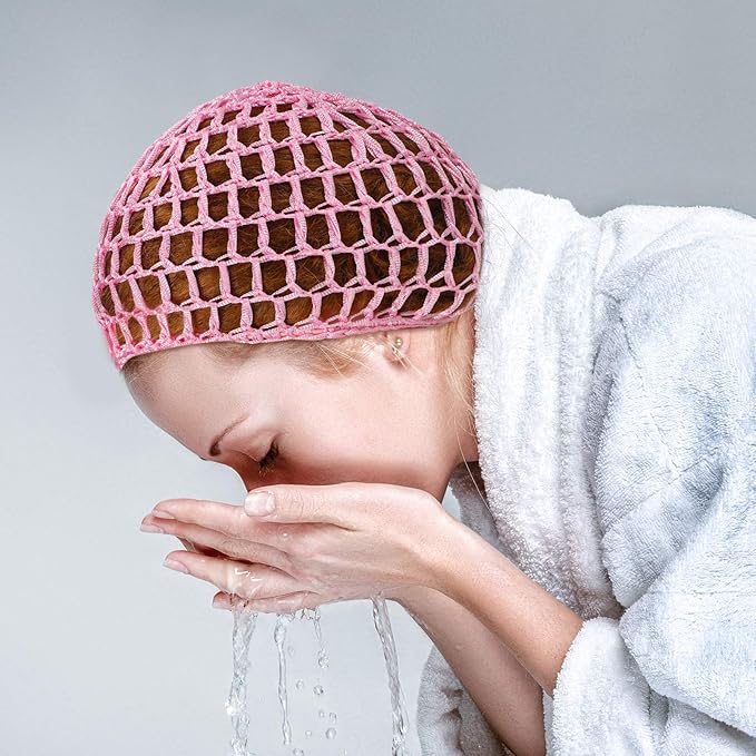 Geyoga 4 Pieces Mesh Crochet Hair Net Rayon Knit Snood Hat Thick Short Women Hairnet Snoods Cover Ornament for Sleeping (Pink, Rose Red, Green, Royal Blue)