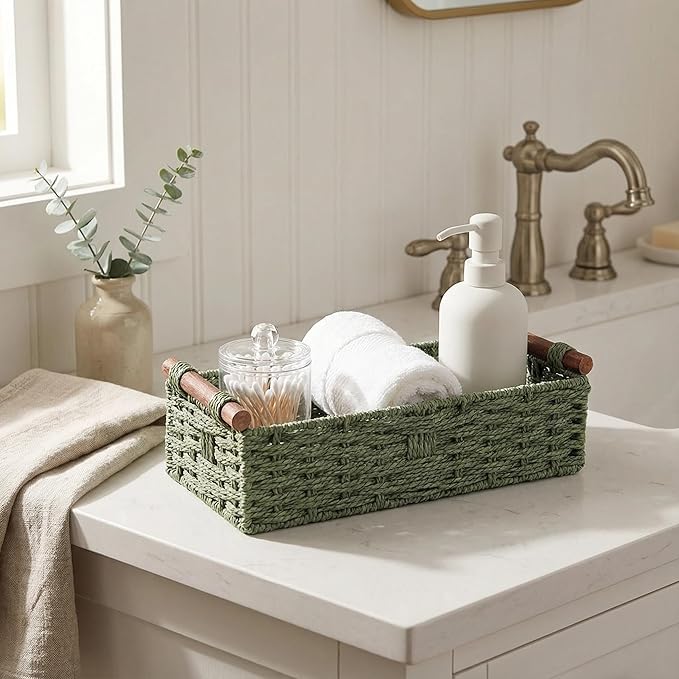 Back of Toilet Basket, Green Wicker Toilet Tank Basket for Toilet Paper Storage, Basket for Toilet Tank Top, Fresh Bathroom Organizer for Wipes & Essentials