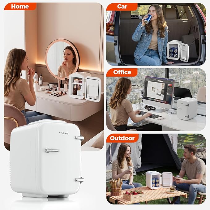 Mini Fridge, 4 Liter/6 Can Mini Makeup Fridge, 110V AC/ 12V DC Portable Thermoelectric Cooler&Warmer for Skincare, Drink, Cosmetic, Medicine, Small fridge for Bedroom, Office, Dorm, Car, White