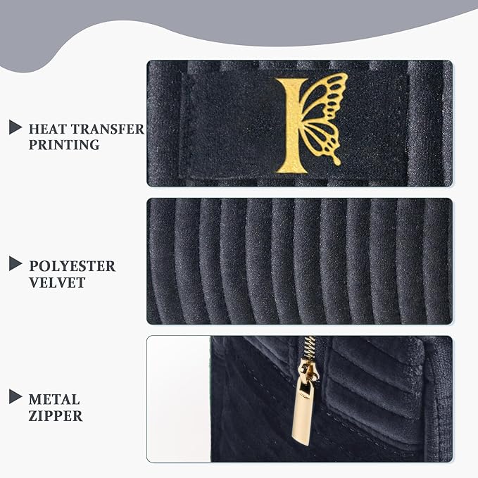 COSHAYSOO Travel Makeup Bag Quilted Make Up Pouch Initial Velvet Cosmetic Case with Butterfly Decorations for Women Cheerleader Volunteer Boss Lady Office Administrator Counselor Gifts Black Letter I