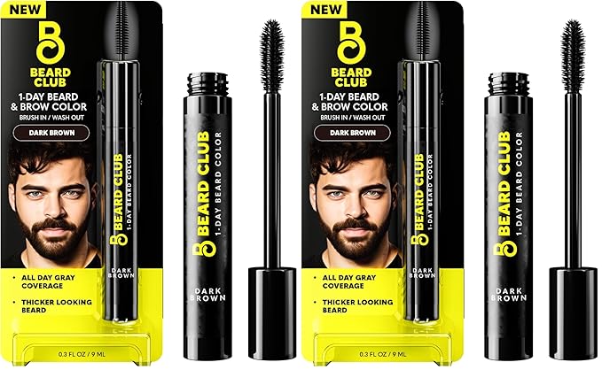 The Beard Club 1 Day Temporary Beard Dye for Men - Dark Brown Beard, Mustache & Eyebrow Color for a Fuller, Well-Defined Look, Water & Sweat Resistant, Up to 30 Applications, 0.3 fl oz (Pack of 2)