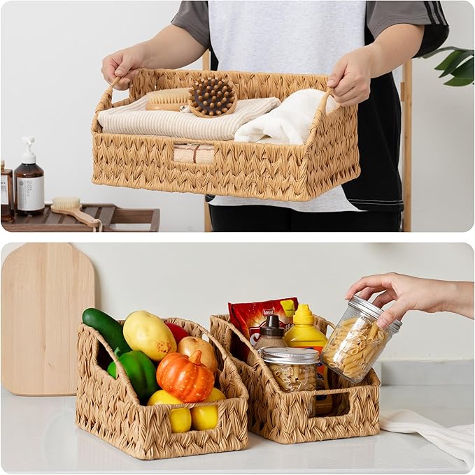 GRANNY SAYS Wicker Storage Basket for Shelves, Wicker Basket with Handles, Trapezoid Woven Baskets for Storage, Decorative Baskets for Home Decor, Natural, 3 Pack