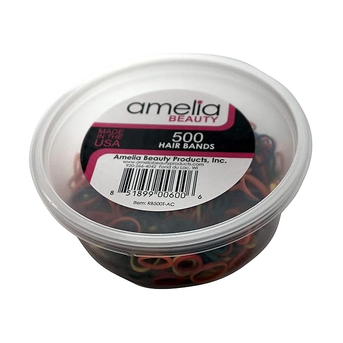 Amelia Beauty 500 Count Small Rubber Bands for Hair – ½" Rainbow Mix - Made in USA - Recloseable Container - Mini Hair Elastics for Braids, Ponytails, Cornrows & Twists – Strong Hold Ponytail Holders