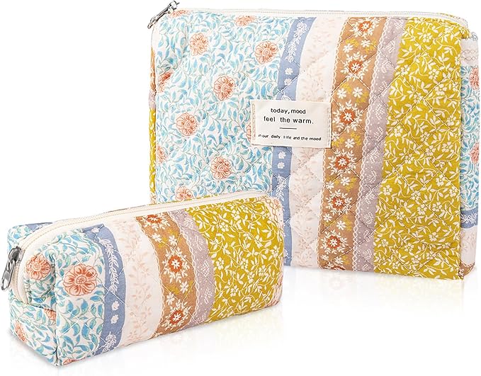 2PC Makeup Bag Set, Cute Cosmetic Bag for Women Girls, Floral Coquette Aesthetic Toiletry Bag, Travel Make Up Organizer Bag (Color-Coded Floral)