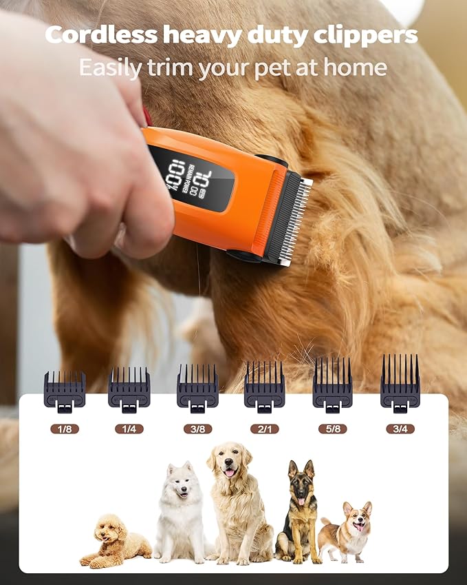 Dog & Cat Grooming Kit for Thick Coats, Heavy Duty Rechargeable Trimmer with LED Display & Storage Bag (Orange, 2 in 1)