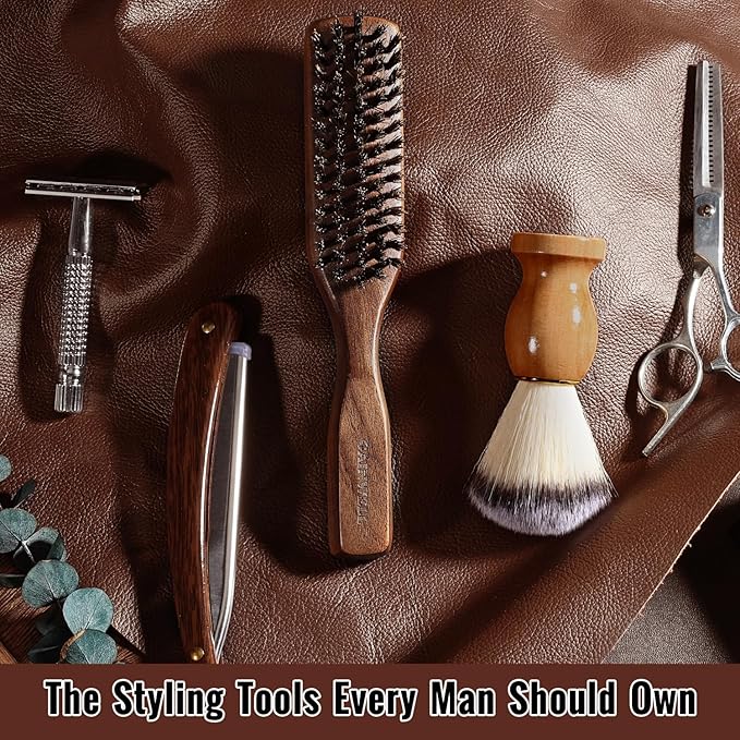 GAINWELL Mens Wild Boar Bristle Hair Brush for Men, Slick Back Hair Brush with Stiff Bristles for Thick Hair, Natural Black Walnut Wooden Handle Hairbrush, Beard Mustache Brush Comb