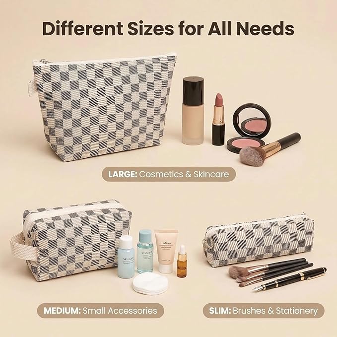 3 Pcs Canvas Makeup Bag Set Checkered Cosmetic Pouch for Women Travel Toiletry Bag Cute Makeup Organizer Purse Pouch Preppy Pencil Case with Zipper (Checkered Black)