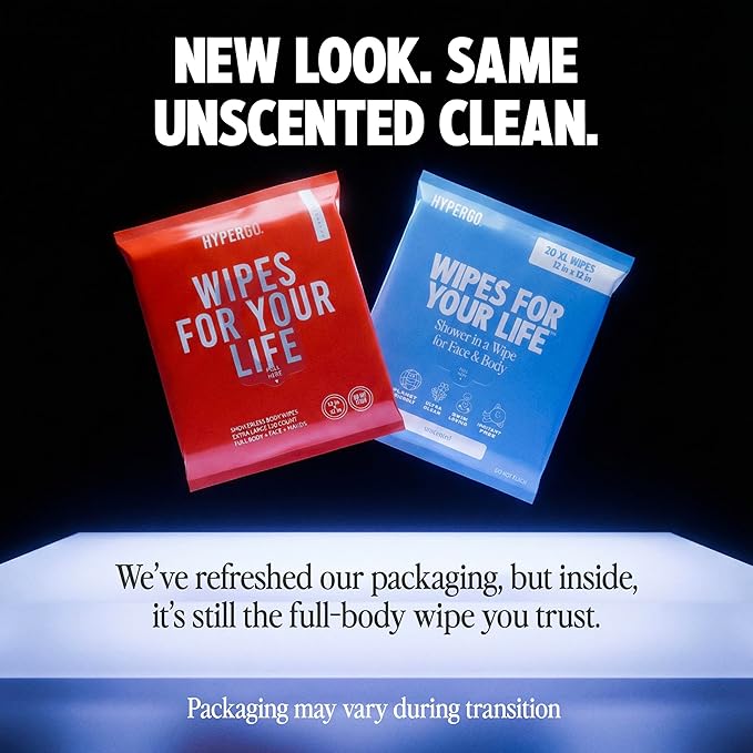 HyperGo XL Body Wipes for Women & Men – 12" x12" Rinse-Free Full Body Cleansing Wipes 2-20 Count Packs - Unscented | Biodegradable, Hypoallergenic, Aloe-Infused | Gym, Festival, Camping Essentials