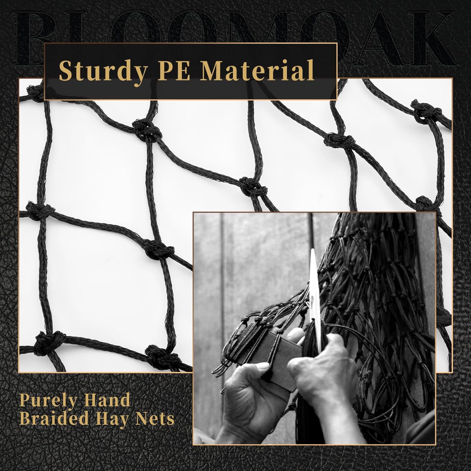 Bloomoak Slow Hay Net Feeder for Horses, Durable Soft Black PE 2String Hay Bales Bags with 2" Hole, Fit 36 * 18 * 18" Square Bale Easily…