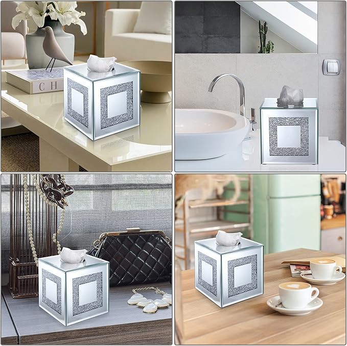 Sumnacon Crystal Square Tissue Box Cover - Sparkly Glass Cube Tissue Box Holder, Decorative Facial Tissue Holder for Bathroom Vanity Dresser Night Stand Table Countertop Office Home Decor, Silver
