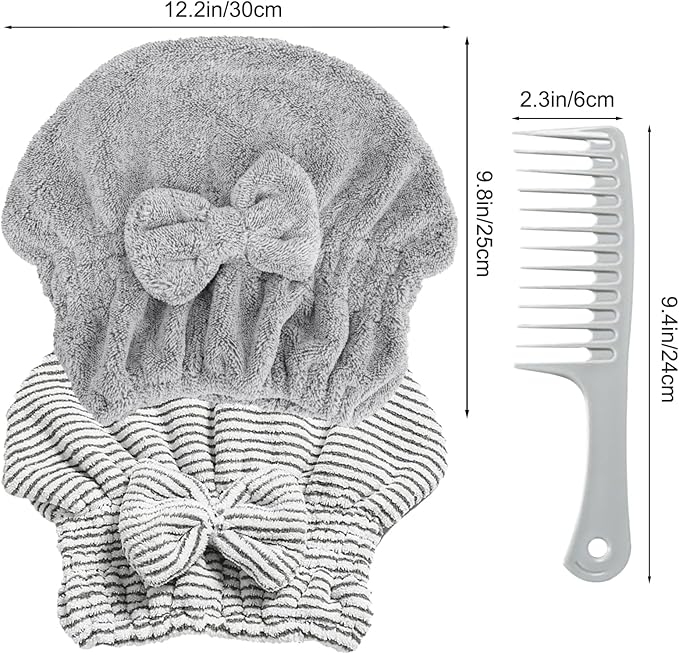 2 Pack Microfiber Hair Towel Cap, Quick Drying Cap Soft Absorbent Towel and 2 Combs for Curly Long Thick Dry or Wet Hair (Stripe and Gray)