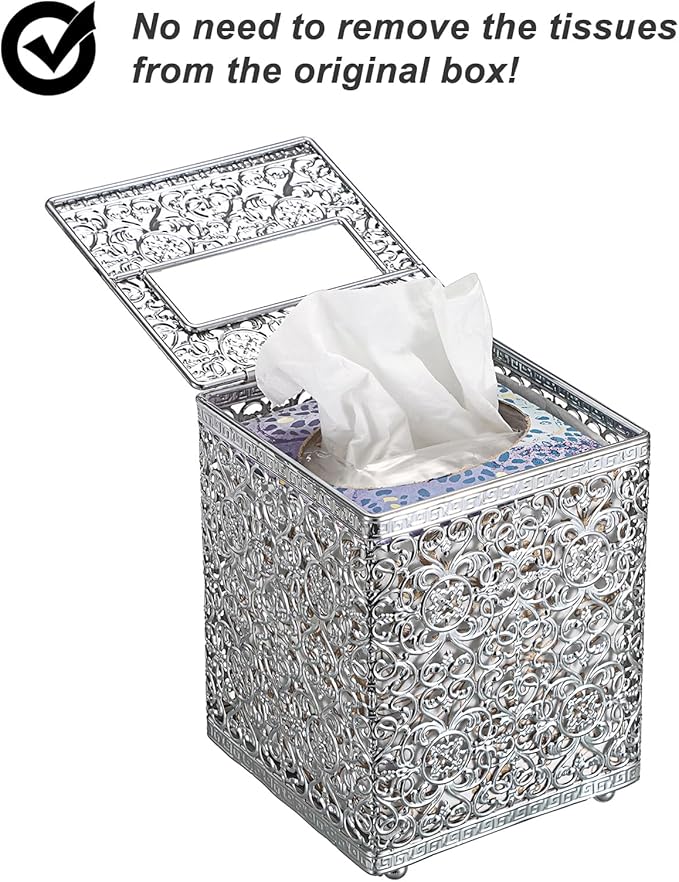 Sumnacon Tissue Box Cover Square Tissue Box with Lid, Metal Tissue Box Holder Stylish Tissue Cover Cube Tissue Box Cover for Bathroom Toilet Kitchen Table Desk Home Office, Silver