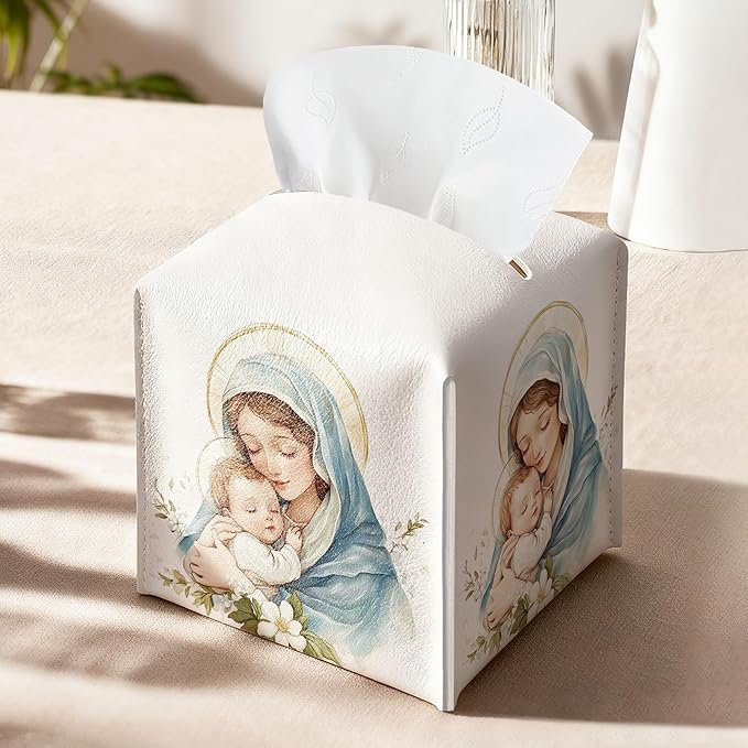Holy Infant & Virgin Mary Square Tissue Box Cover, PU Leather Drawstring Bottom - Jesus and Virgin Mary, for Office, Bathroom, Home, Christian & Catholic Friends | Blue Decorative Organizer