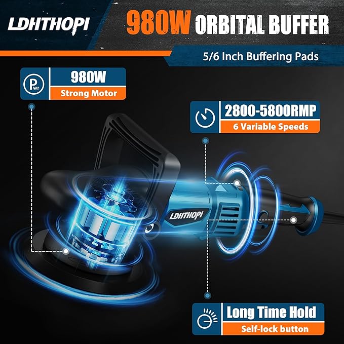 LDHTHOPI Dual Action Polisher, 980W 5/6 Inch, 2026 Upgraded 9MM Random Orbital Buffer Polisher for Car Detailing, 2800-5800RMP, 6 Variable Speed Buffer Polisher with 8 Detachable Pads
