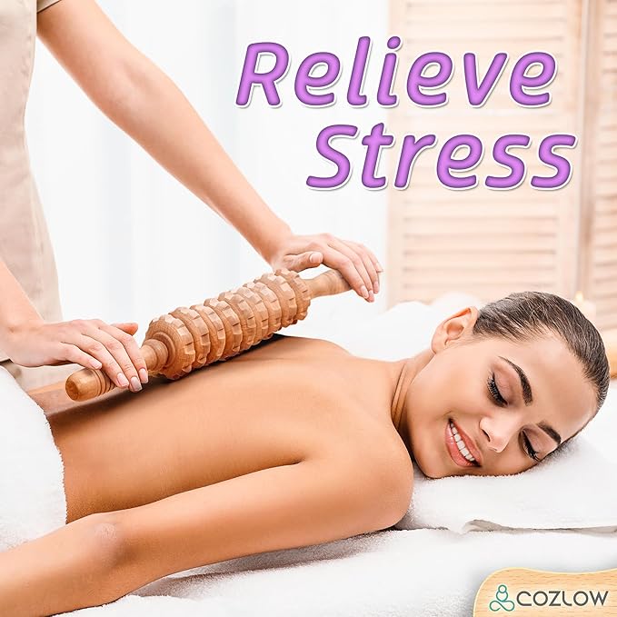 Wooden Massage Roller Stick (9 Rollers) - Curved Wood Therapy Massage Tool for Body Sculpting, Fascia Release & Lymphatic Drainage - Maderotherapy Helps Reduce Cellulite Appearance - by Cozlow